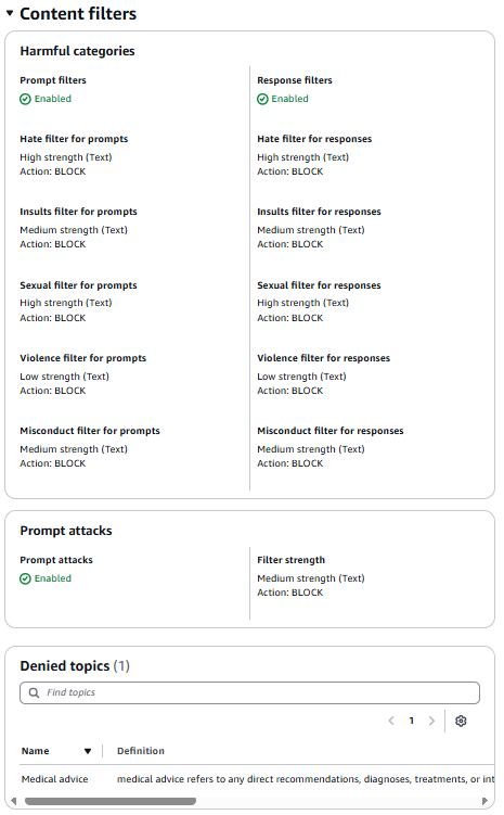 Figure 1: Amazon Bedrock guardrail configured to apply prompt and response filters and protect against prompt attacks