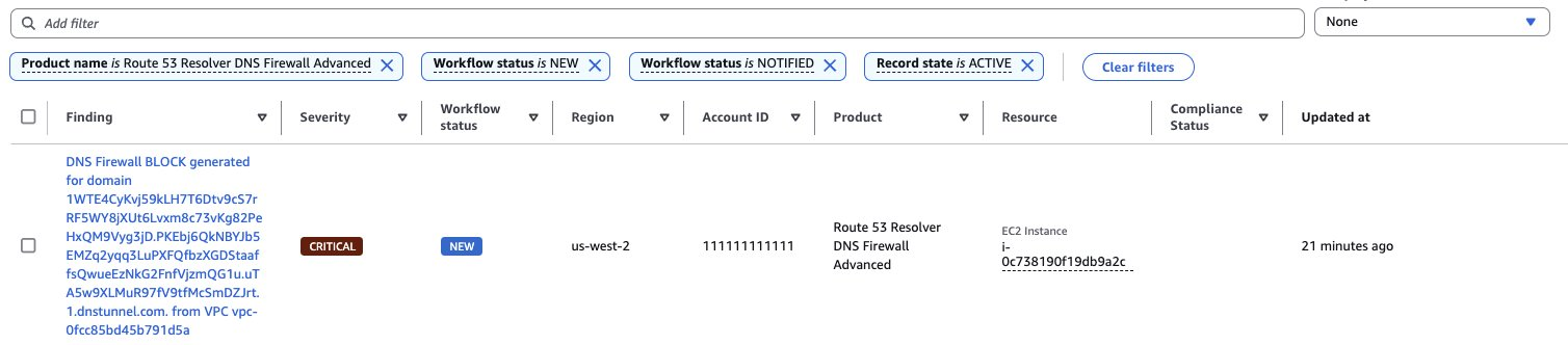Figure 9: DNS Firewall Advanced findings in Security Hub