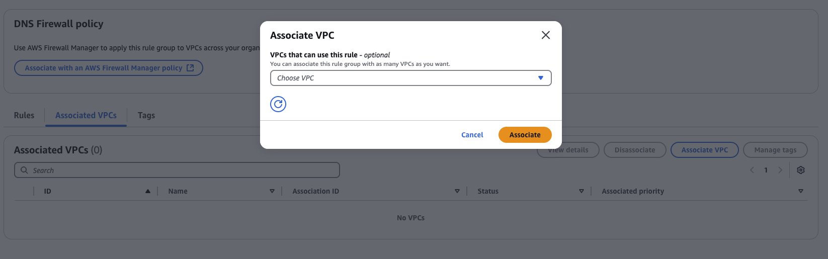 Figure 8: Associate a VPC