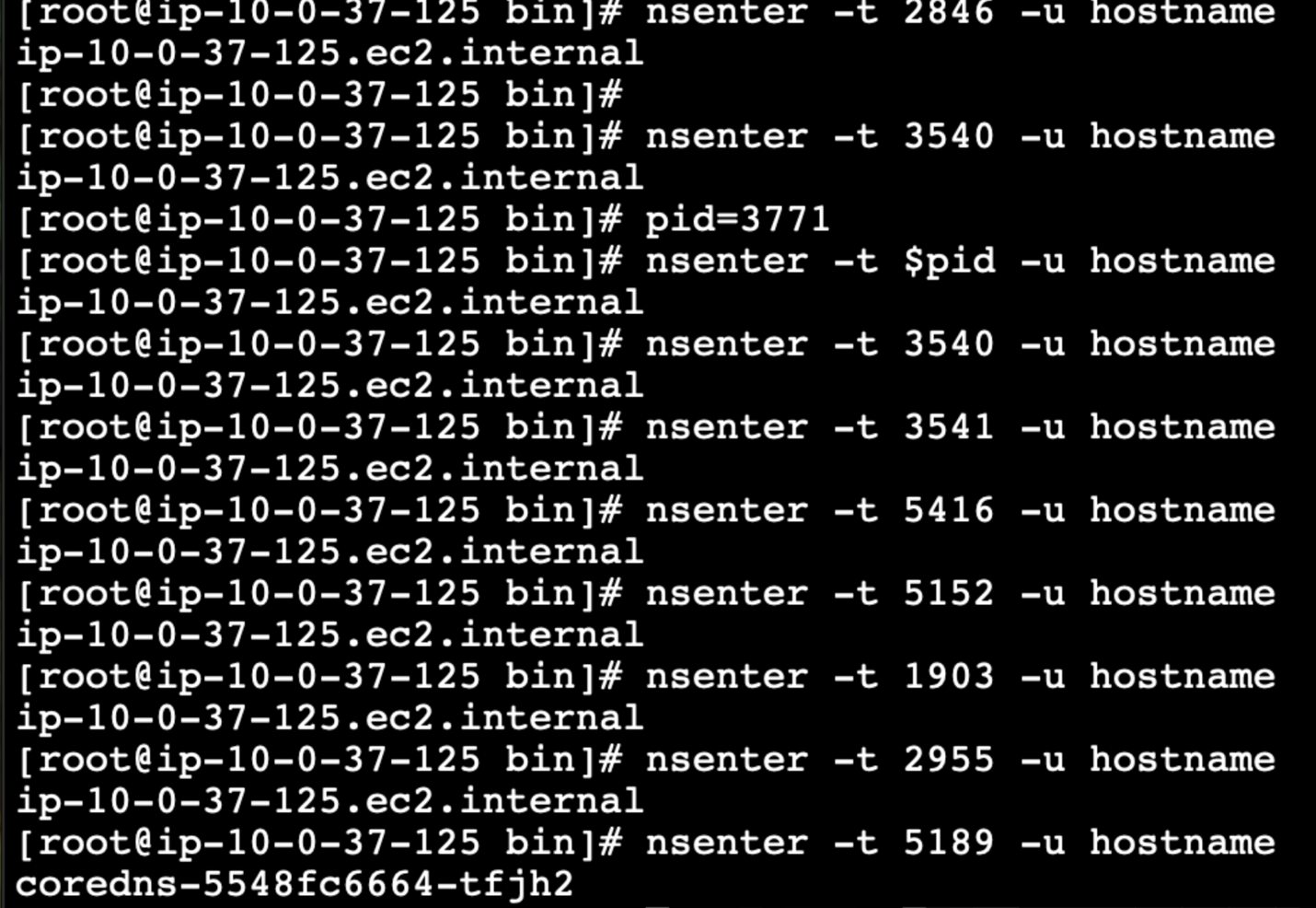 Figure 3: EKS node process ID to pod mapping commands