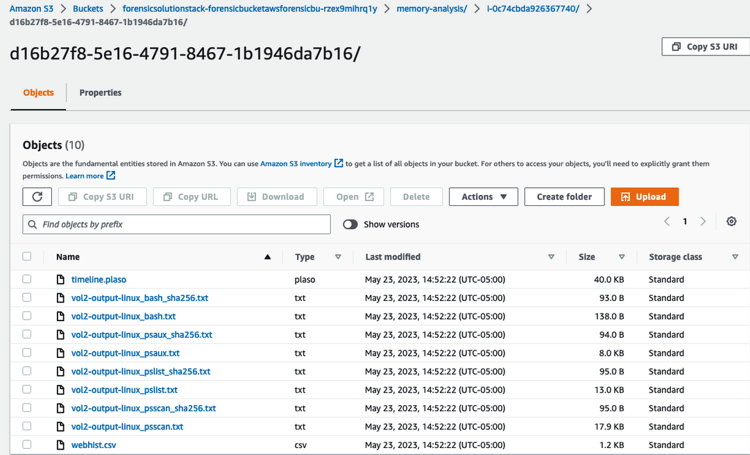 Figure 8: Completed memory investigation artifacts for EKS