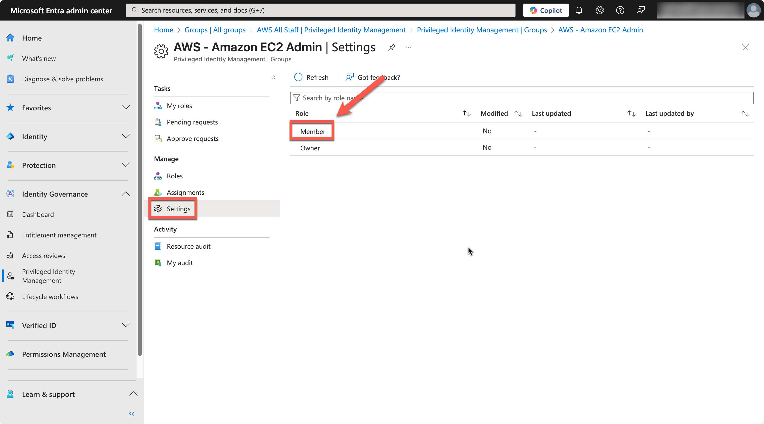 Figure 6 – Settings option for the Member role