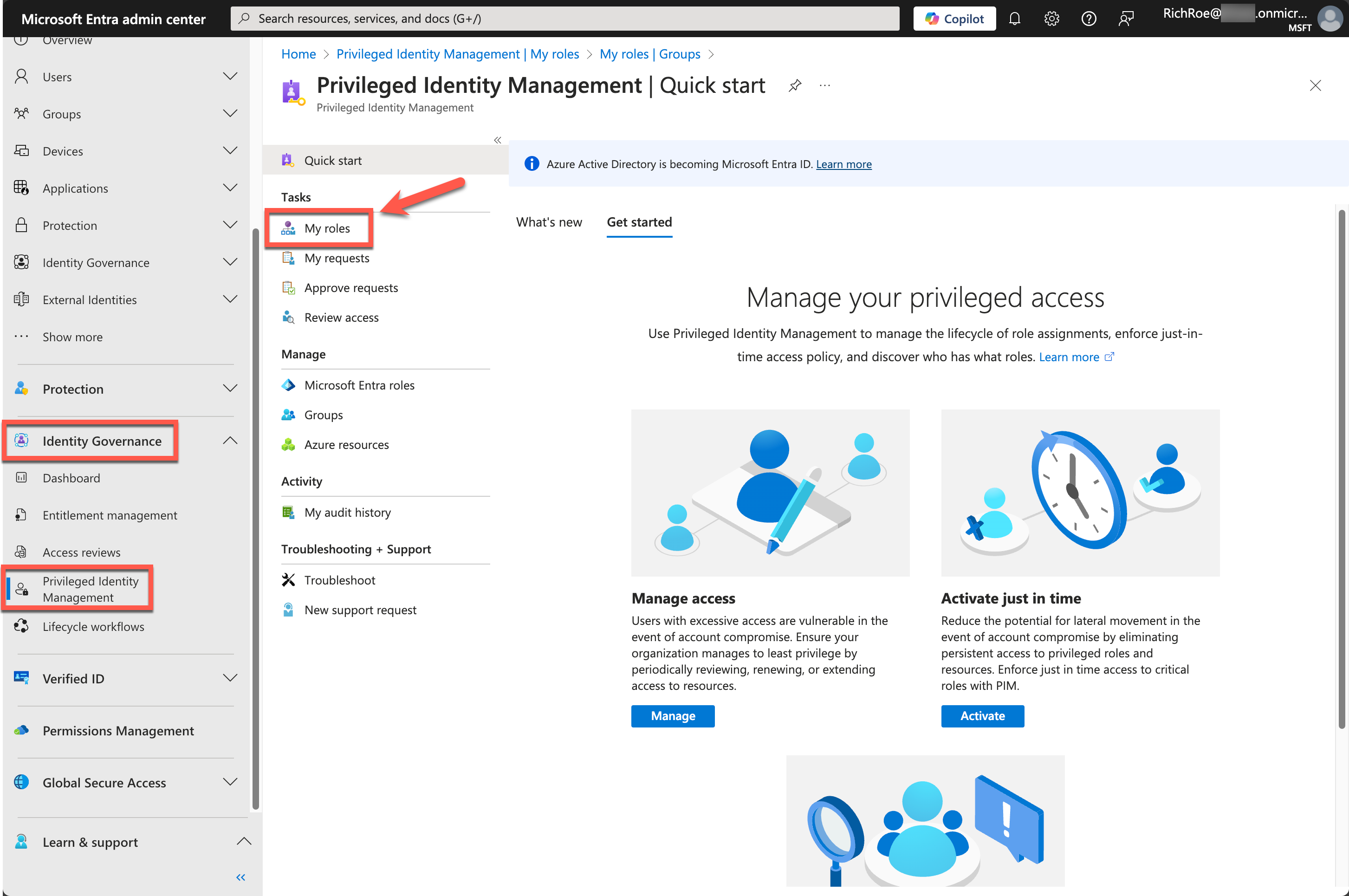 Figure 11 – Browsing to the My Roles section of the Entra admin center