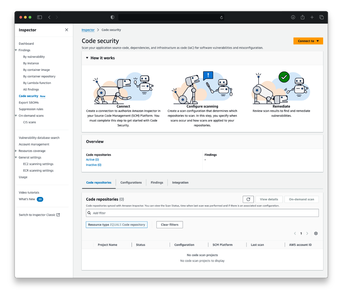 Figure 1: Code security landing page for Amazon Inspector