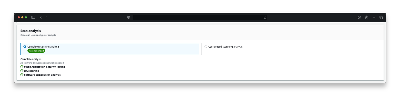 Figure 2: Amazon Inspector scan analysis configuration showing SAST, IaC, and SCA scan types