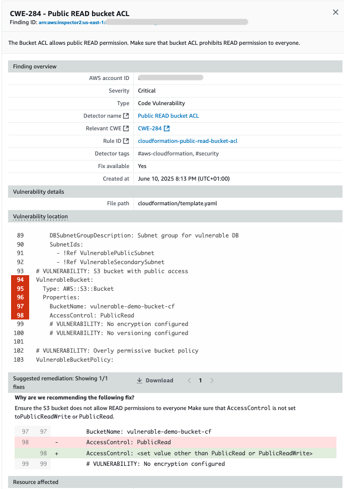 Figure 4: Code fix recommendation on a finding in the Amazon Inspector dashboard