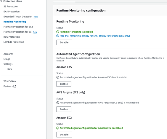 Figure 2: GuardDuty Runtime Monitoring enabled with EC2 monitoring