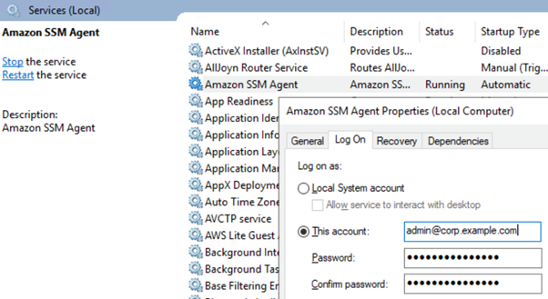 Figure 3: Microsoft Windows Services showing Systems Manager Agent settings
