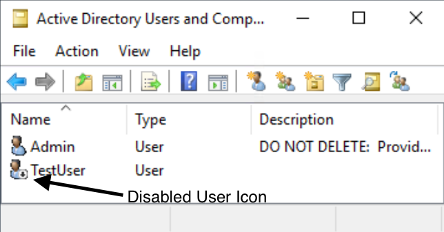 Figure 6: Active Directory Users and Computers showing the disabled test use