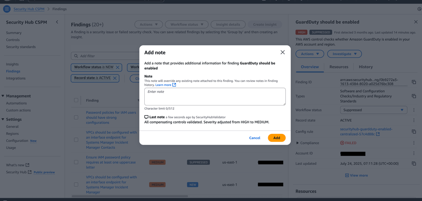 Figure 10: Security Hub updated finding note