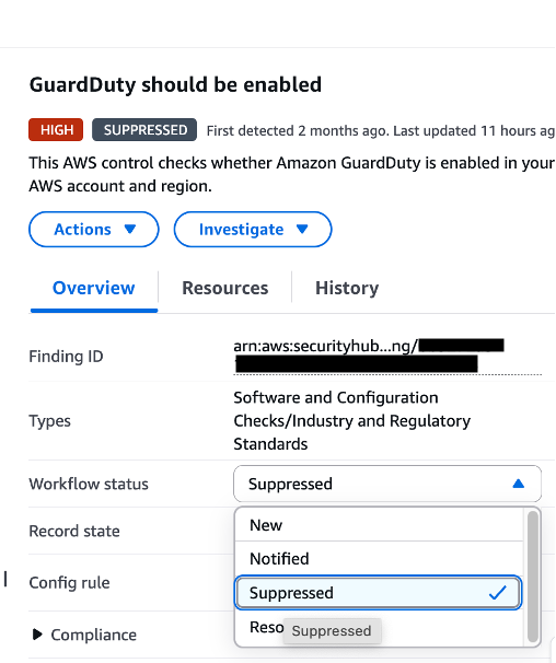 Figure 8: GuardDuty.1 finding workflow status changed from NEW to SUPPRESSED