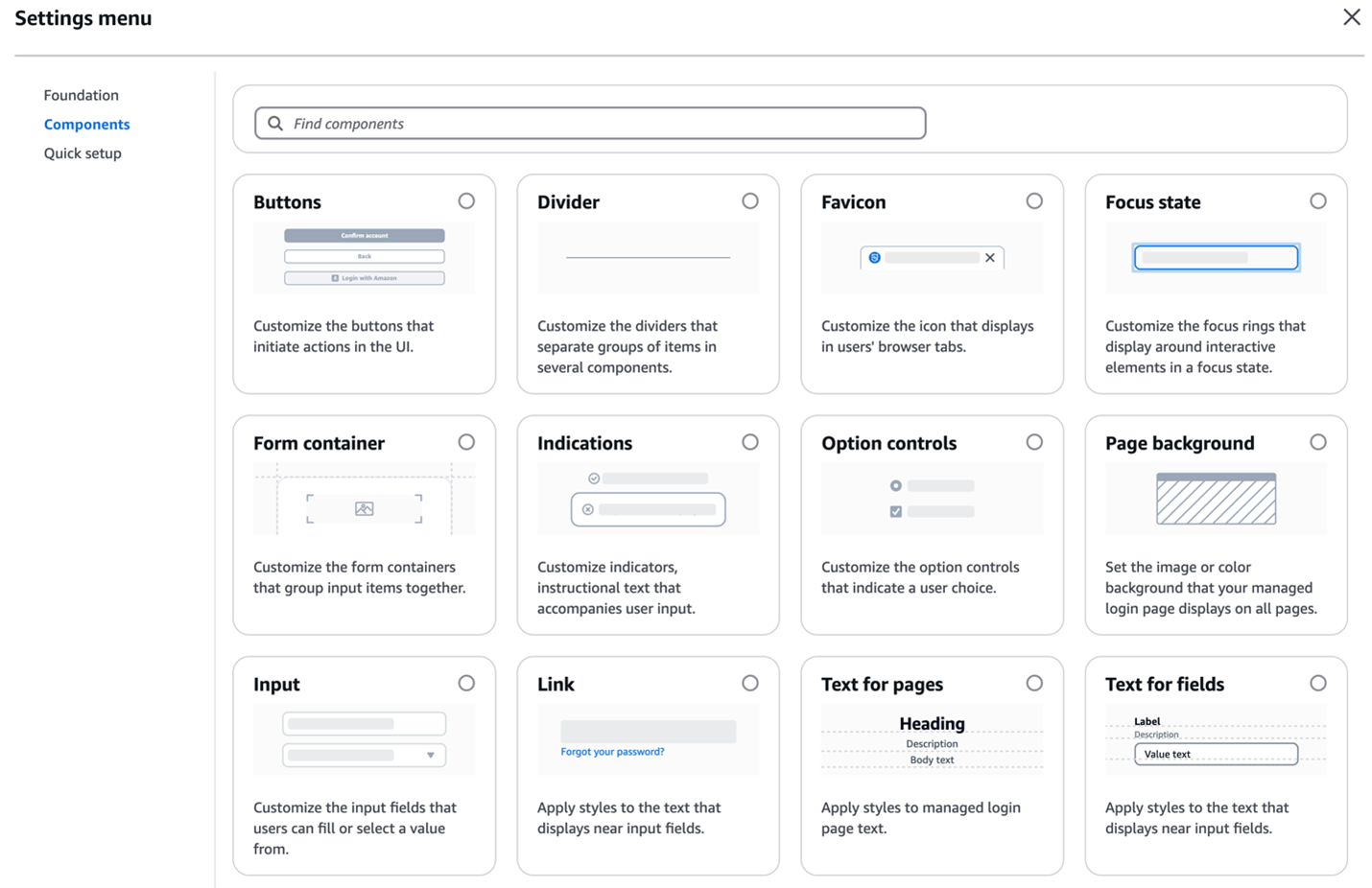 Figure 3: Various components customization options