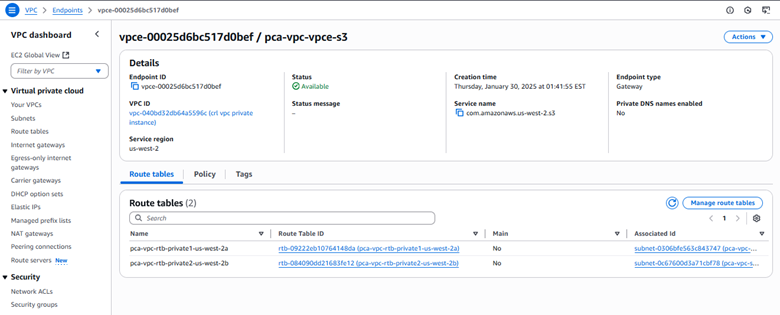 Figure 10: Gateway VPC endpoint configuration