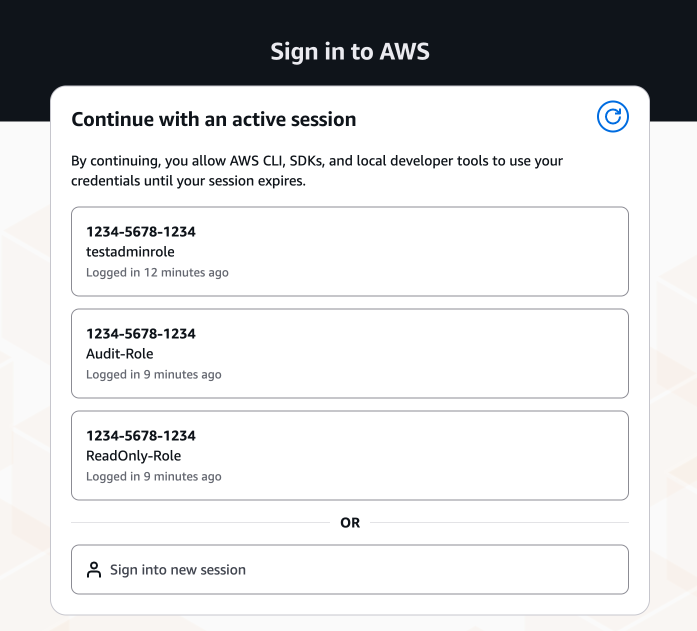 Figure 5: Sign in to AWS - active IAM role session selection