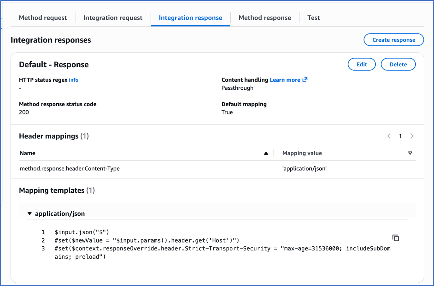 Figure 3: Adding mapping template to integration response of the Rest Api