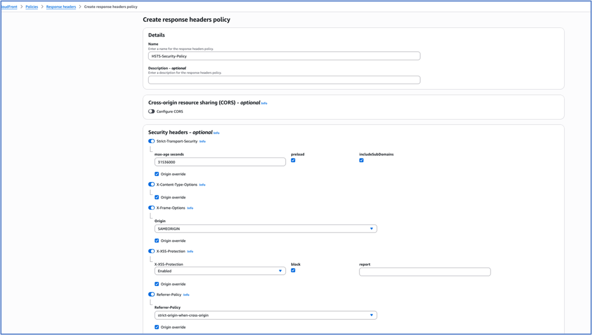Figure 8: Configuring response header policy for the Cloudfront distribution