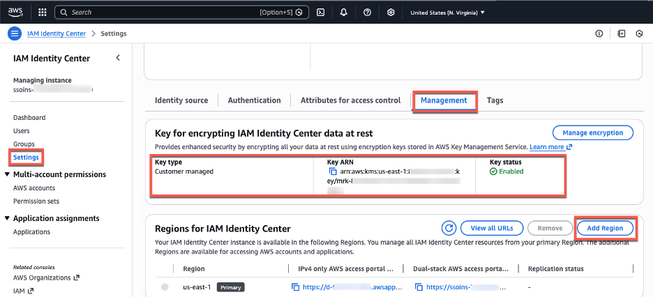 Figure 1: Management tab with encryption and Region information