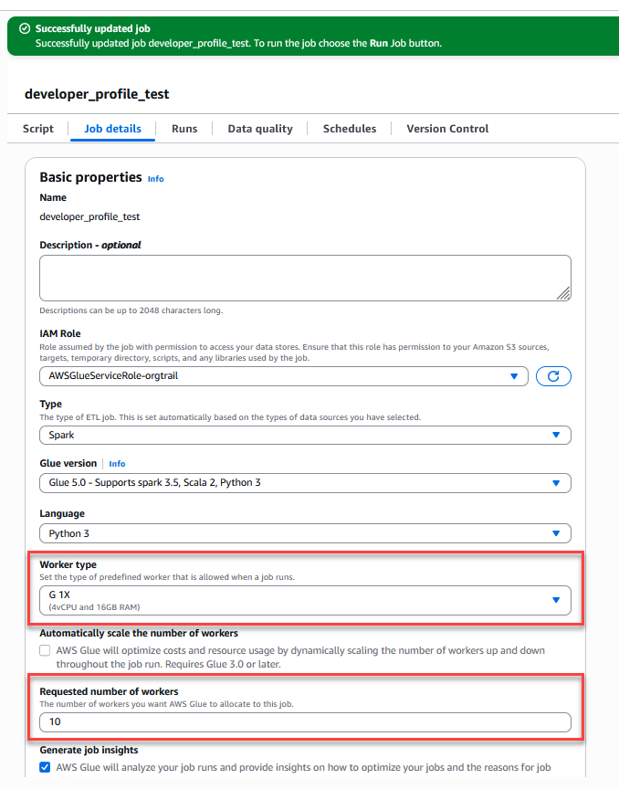 Figure 7 – Successful AWS Glue job creation with configured parameters for the <em>developer</em> usage profile