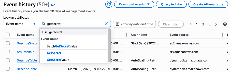 Figure 1: Search CloudTrail event history by event name