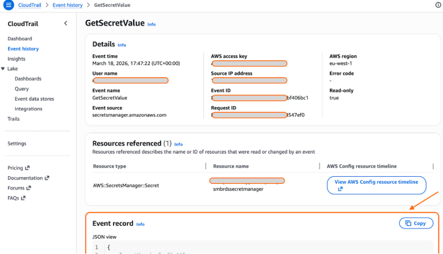 Figure 3: CloudTrail - GetSecretValue event