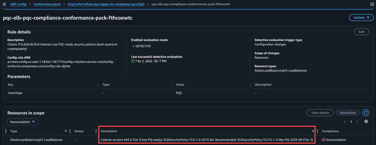 Sample image of the config rule findings and annotation describing the migeration guidance based on 3-tier classification.
