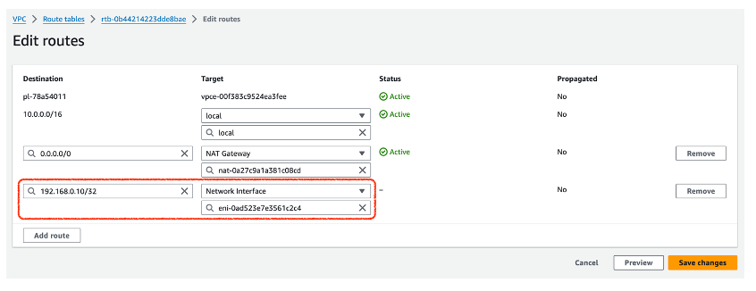 ENI ID의 라우트 테이블 등록