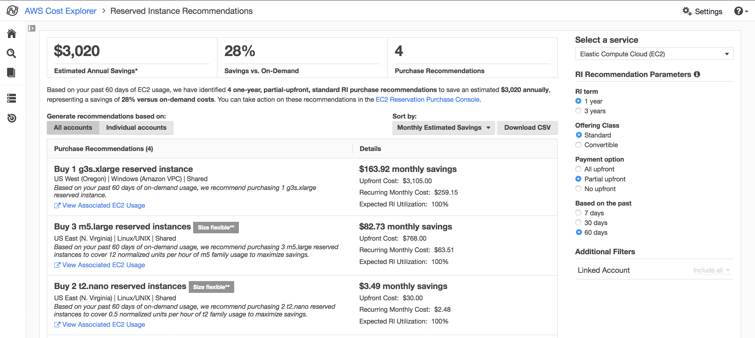 Screenshot of AWS Cost Explorer's Reservation Purchase Recommendations page