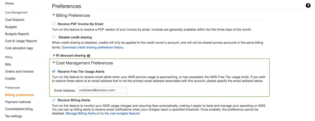 Enable AWS Free Tier Alerts