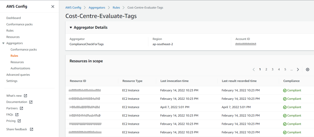In the Rules section, the resources in scope for cost center tags are displayed along with their compliance state