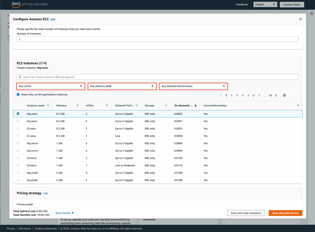 Sample view of configuring Amazon EC2 instances in the AWS Pricing Calculator