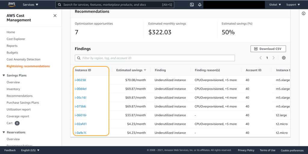 View of rightsizing recommendations in AWS Cost Explorer