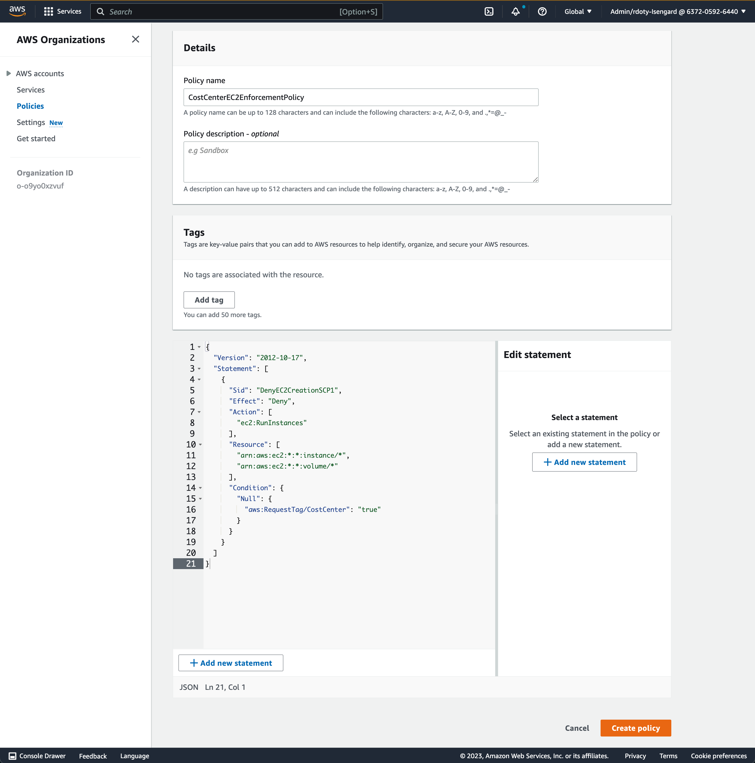 Sample Service Control Policy to require CostCenter Tag