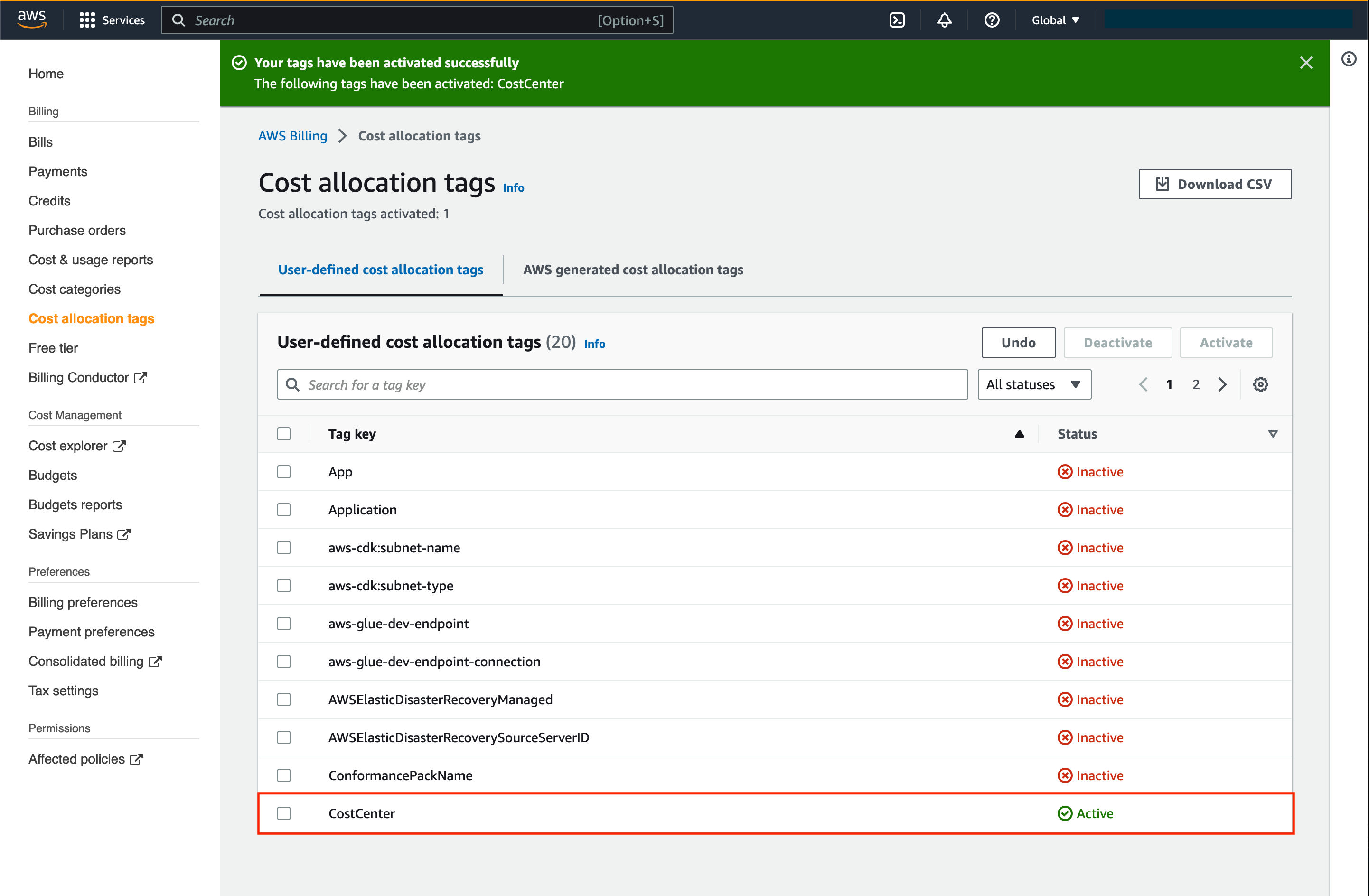 Activating our Cost Allocation Tags in the AWS Billing Console