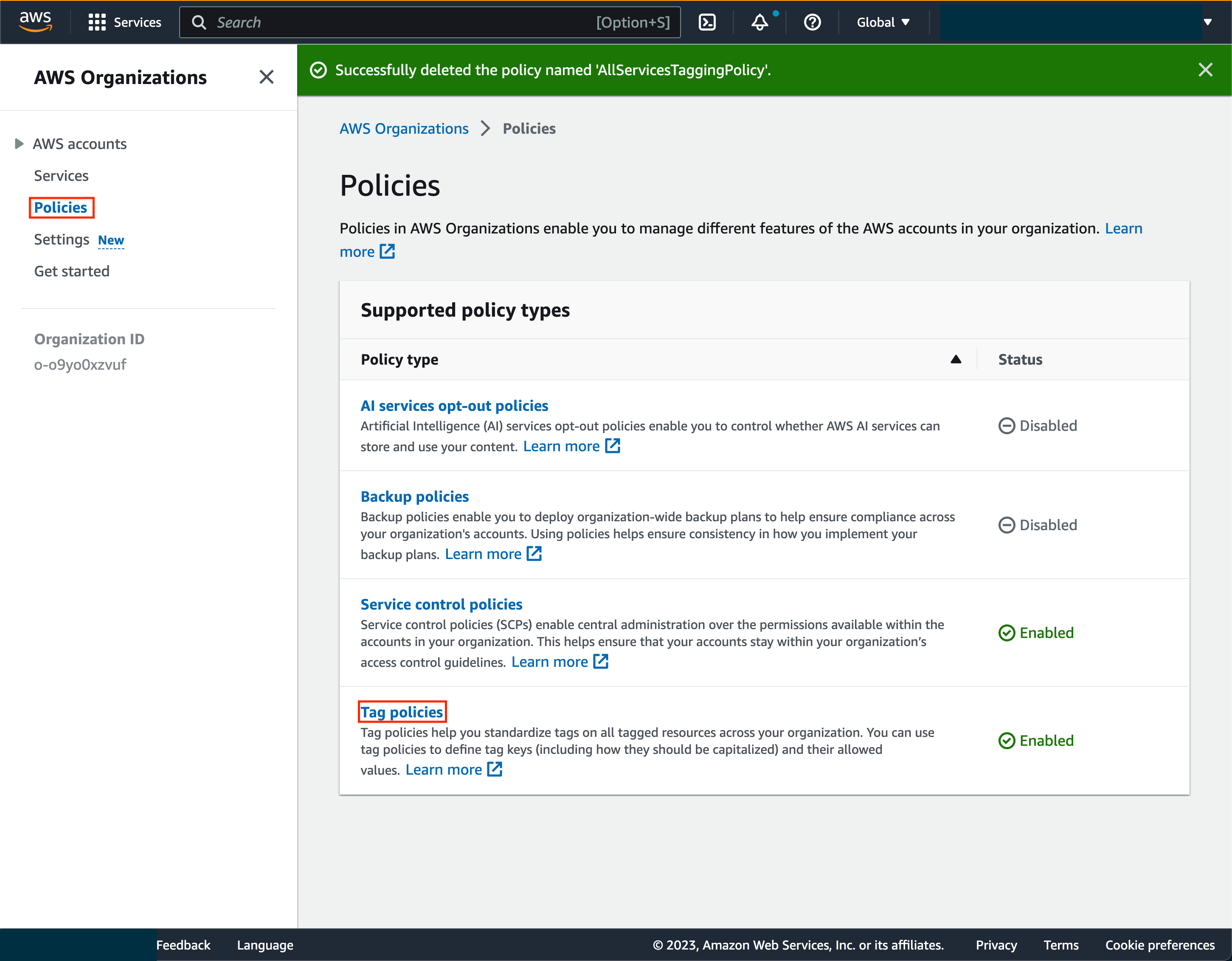 AWS Organizations Policies Page, specifically Tag Policies