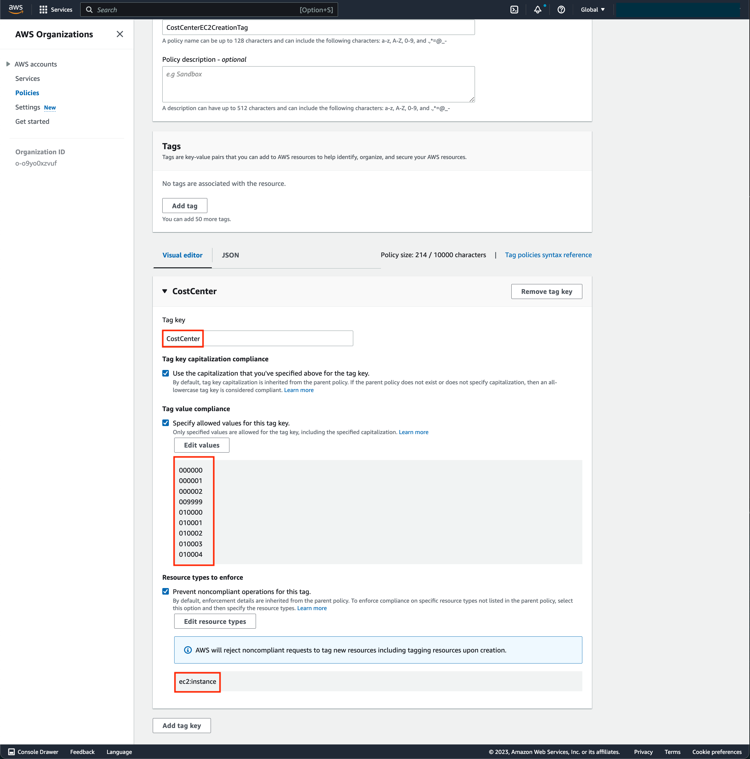 Tag Policy Configuration Page