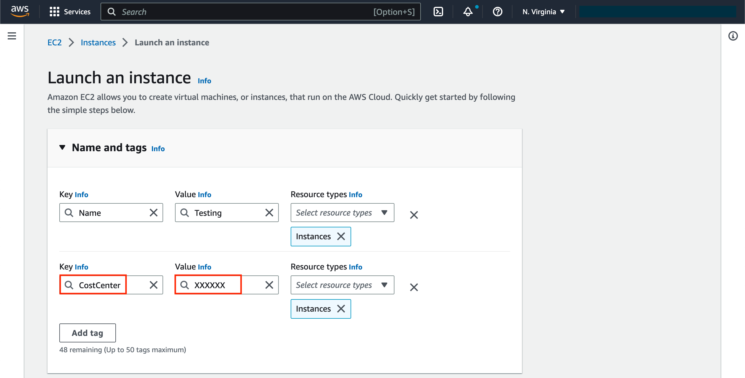 Testing our tagging policy in the EC2 Console