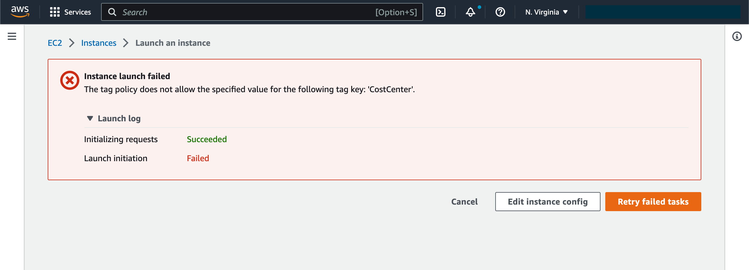 Failed EC2 launch attempt due to unallowed CostCenter tag value
