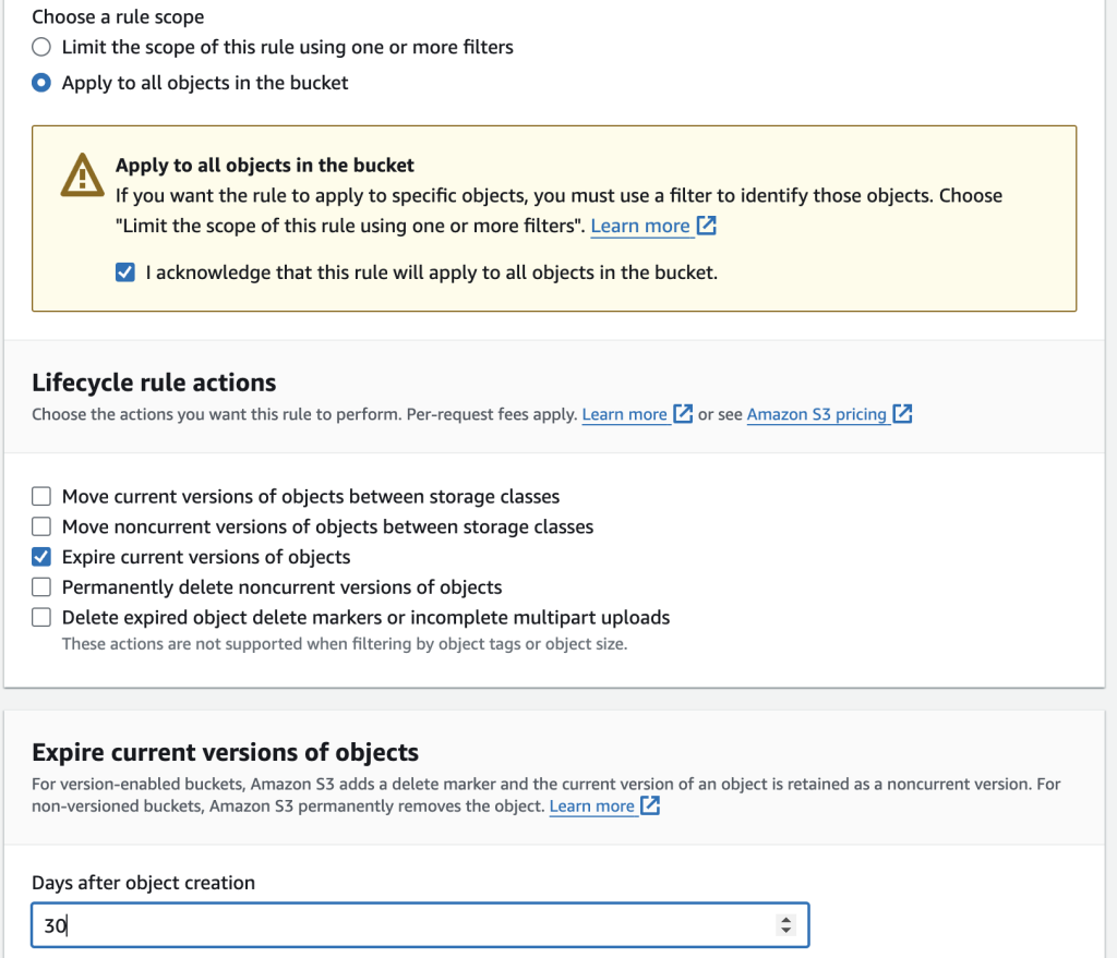 Figure 2. S3 lifecycle configuration in console