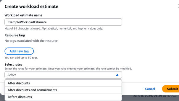 Figure 1. workload estimates rate selection in AWS Pricing Calculator