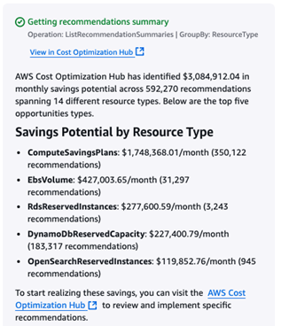 Figure 3. Cost Optimization Hub recommendations enabled in Amazon Q
