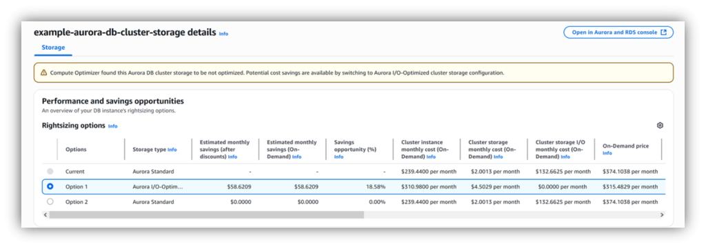Figure 4. New Aurora I/O optimized rightsizing options in AWS Compute Optimizer 