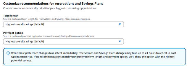 Figure 6. custom recommendations for RI and Savings Plans in Cost Optimization Hub