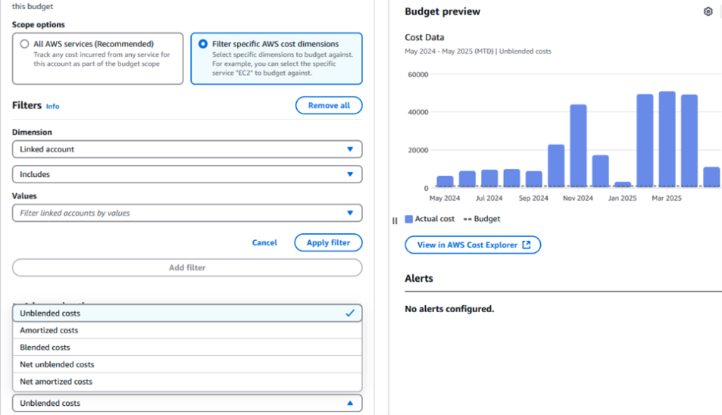 Figure 7. new datasets and excludes filter options in AWS Budgets