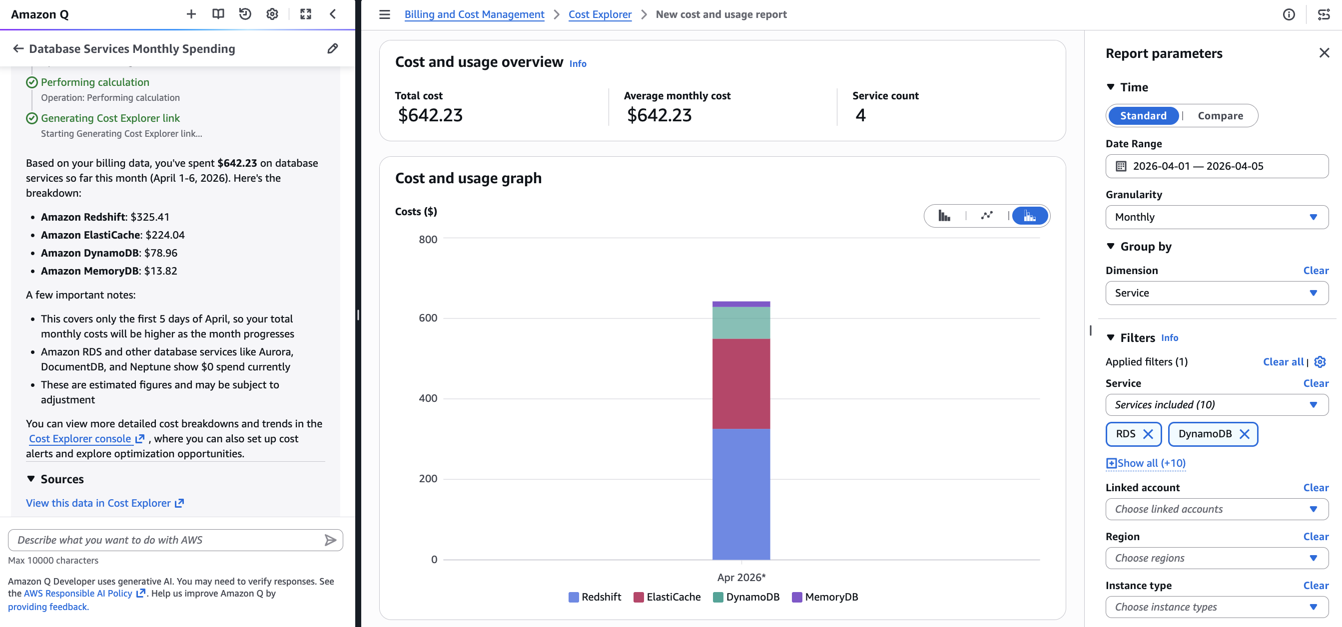 Figure 2: Upon clicking, Amazon Q opens with detailed database spending insights while Cost Explorer updates with the corresponding visualization and report parameters.