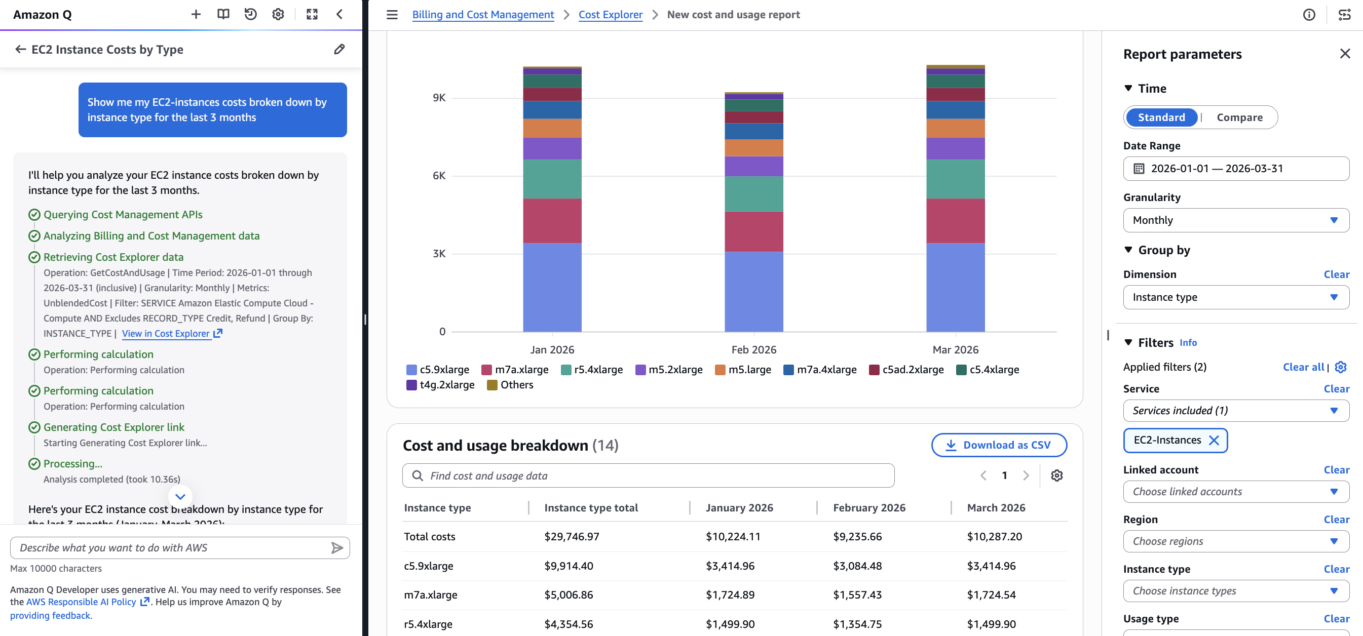 Figure 4: Amazon Q delivers EC2 spending insights by instance type while Cost Explorer updates with the corresponding visualization and report parameters.