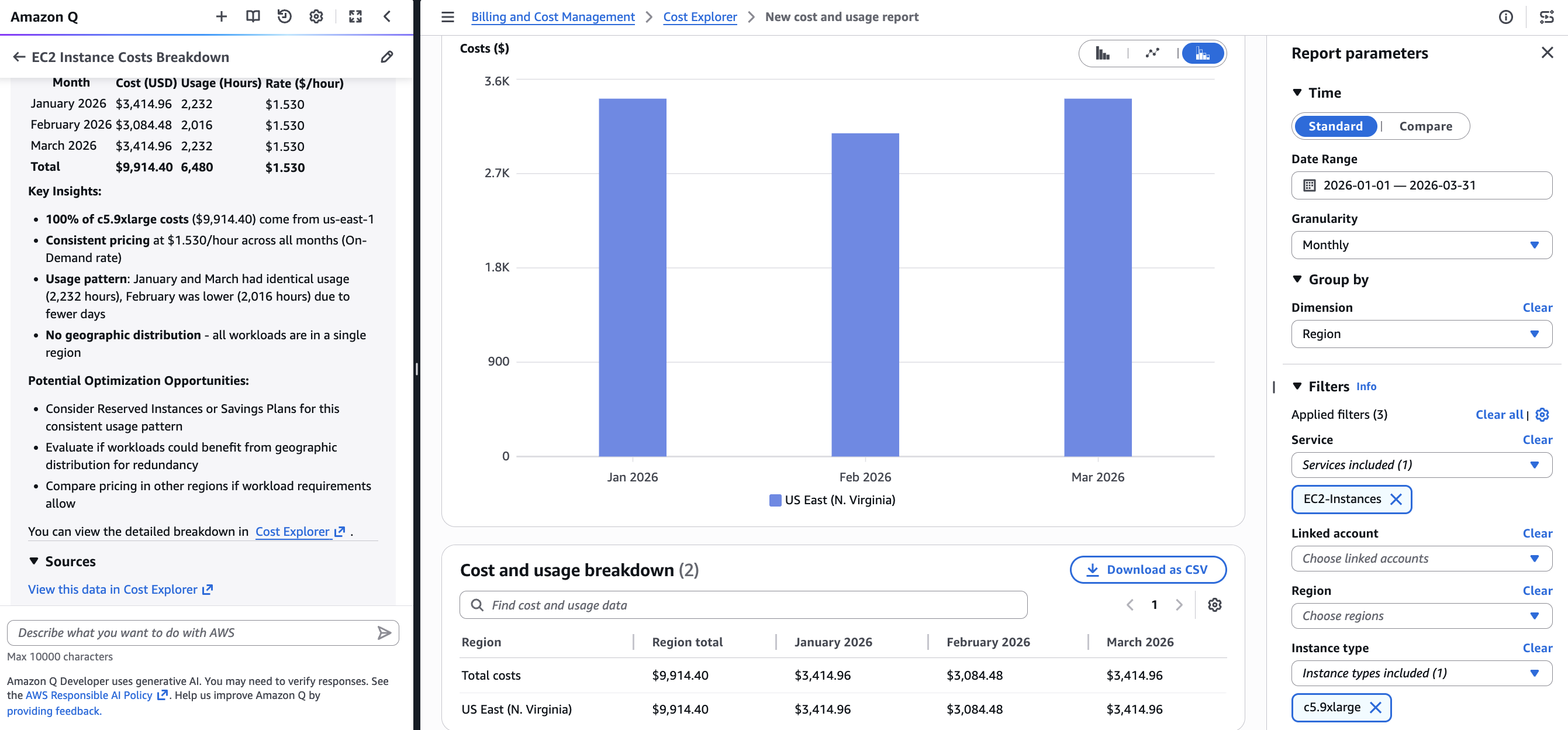 Figure 6: Amazon Q provides an insight on the region while Cost Explorer updates with the region-level view grouped by EC2-Instances.