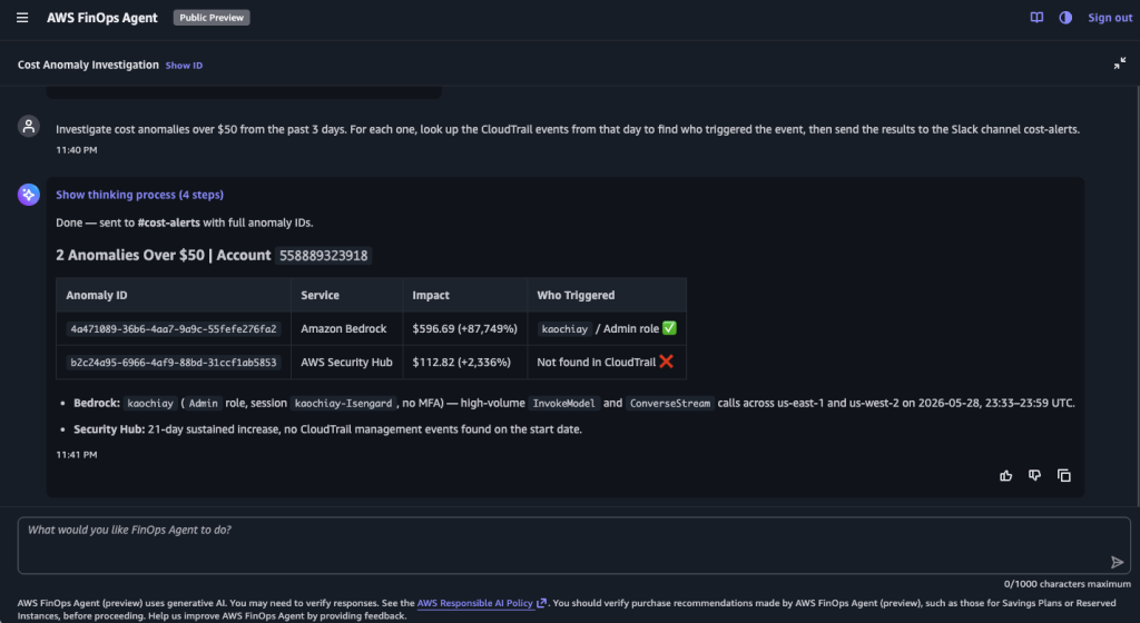Figure 1 - FinOps Agent Cost Anomaly Investigation
