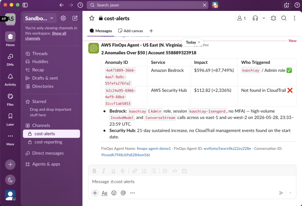 Figure 2 - FinOps Agent Slack Channel Message