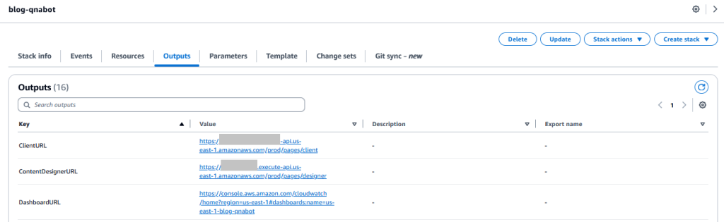 Salida del despliegue AWS CloudFormation QnaBot